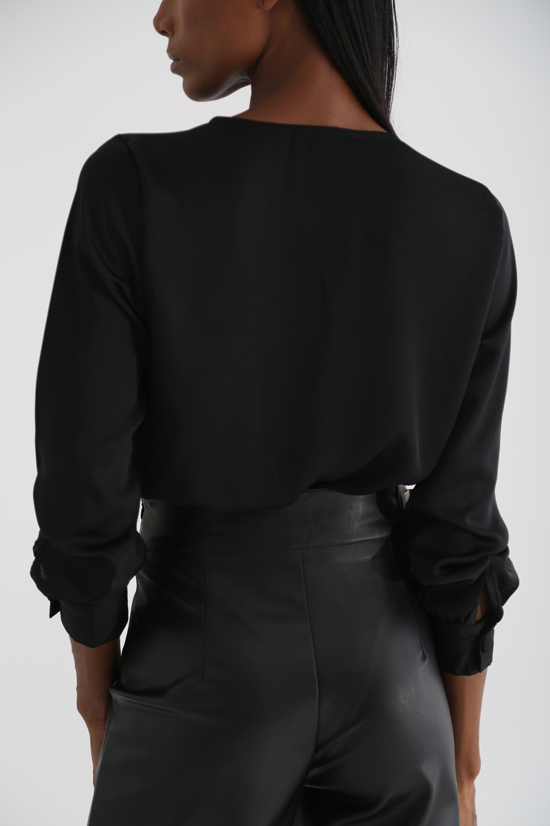 Siyah Saten Kruvaze Bodysuit 0411