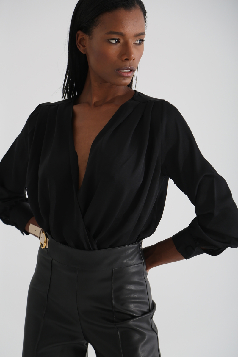 Siyah Saten Kruvaze Bodysuit 0411
