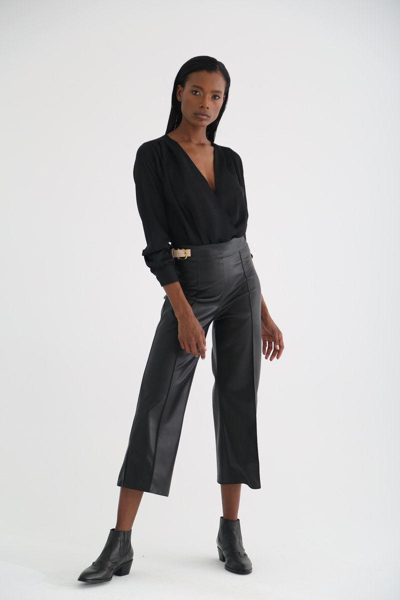 Siyah Saten Kruvaze Bodysuit 0411