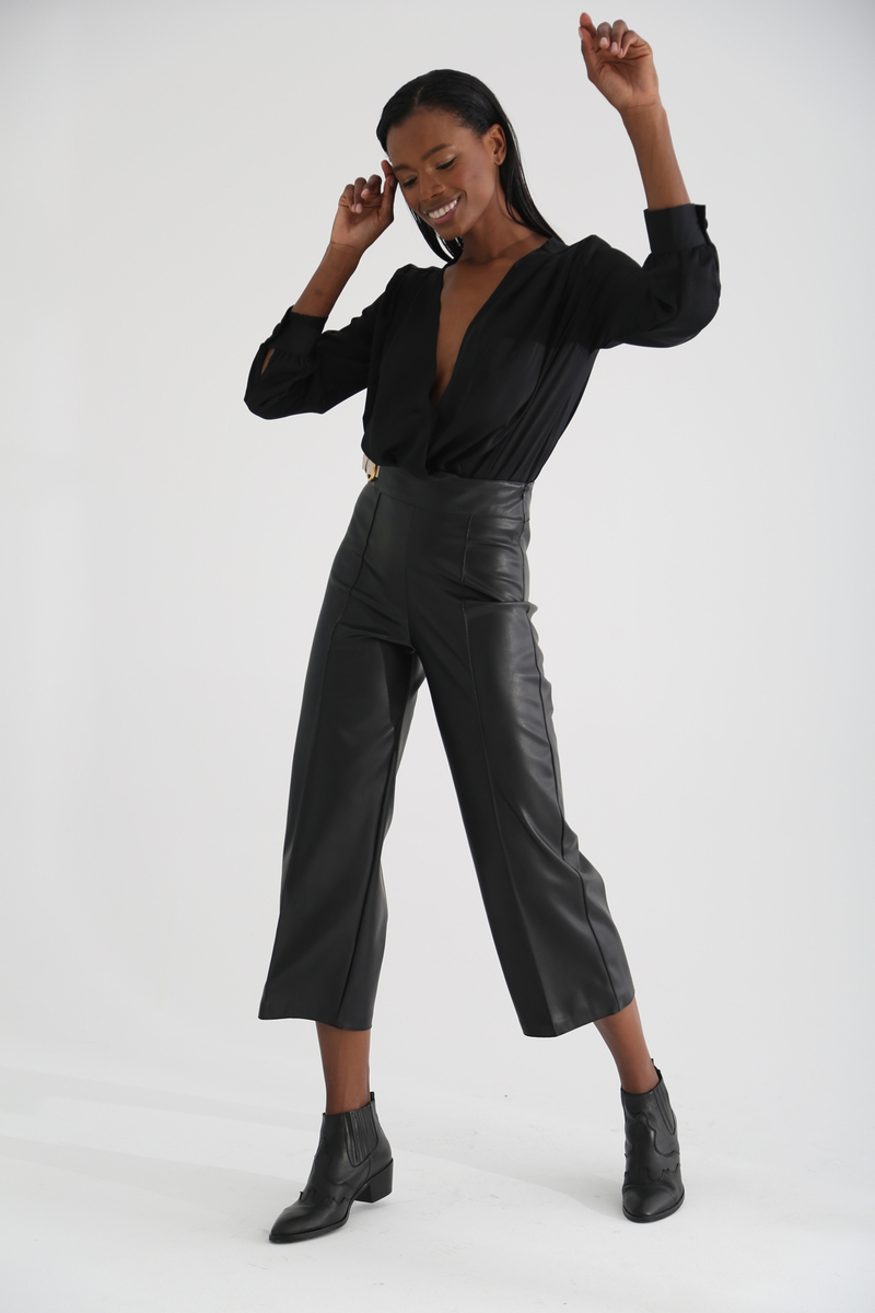 Siyah Saten Kruvaze Bodysuit 0411