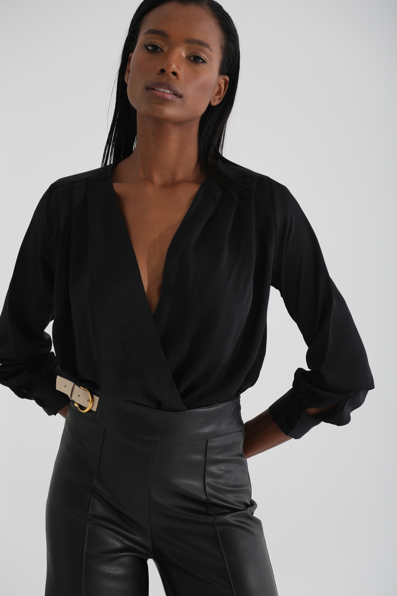 Siyah Saten Kruvaze Bodysuit 0411