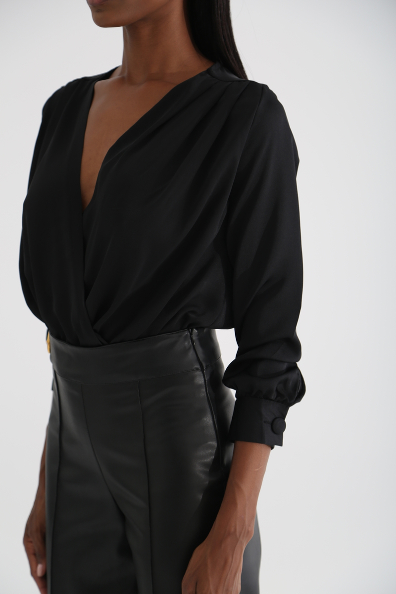 Siyah Saten Kruvaze Bodysuit 0411