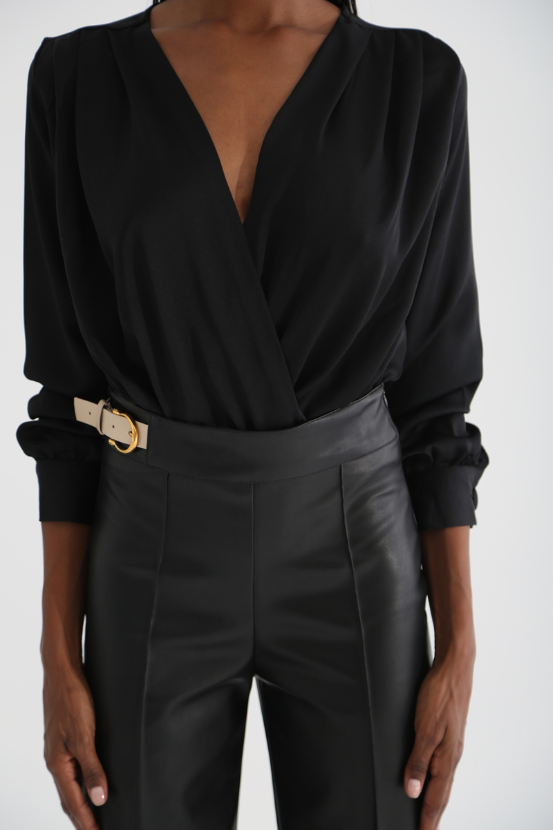 Siyah Saten Kruvaze Bodysuit 0411