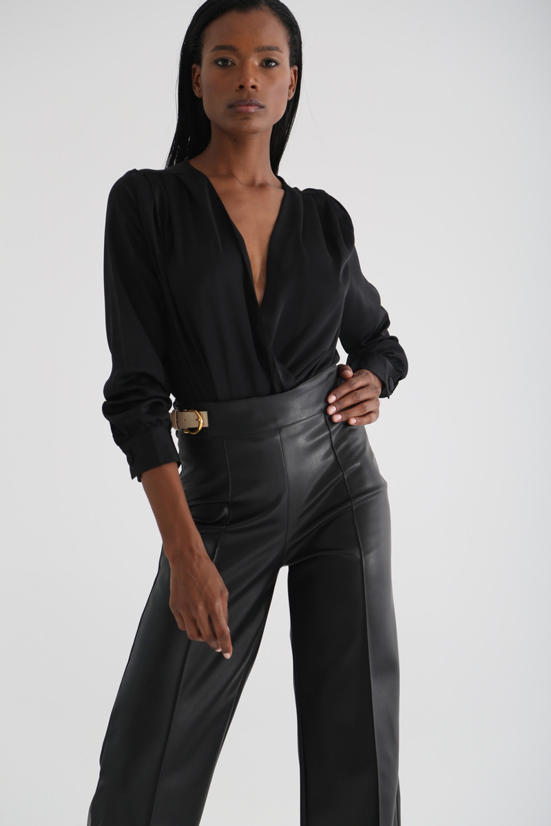 Siyah Saten Kruvaze Bodysuit 0411