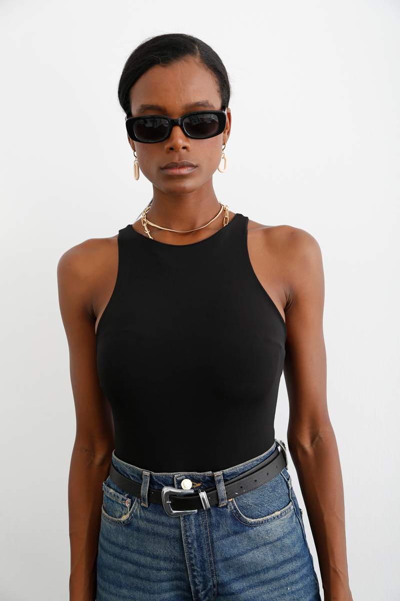 Siyah Sıfır Kol Bodysuit 7080