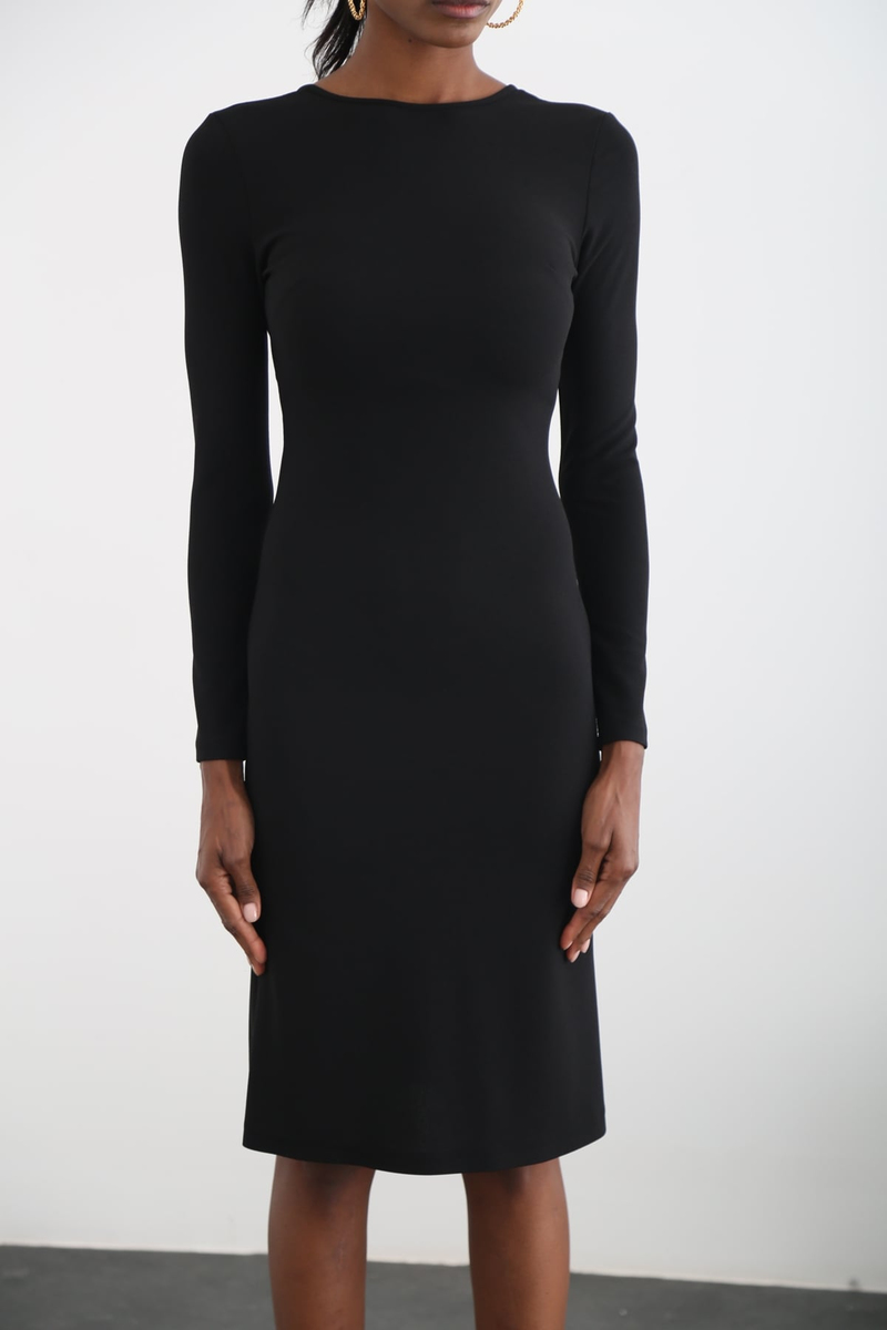 Siyah Sırtı V Midi Krep Elbise 