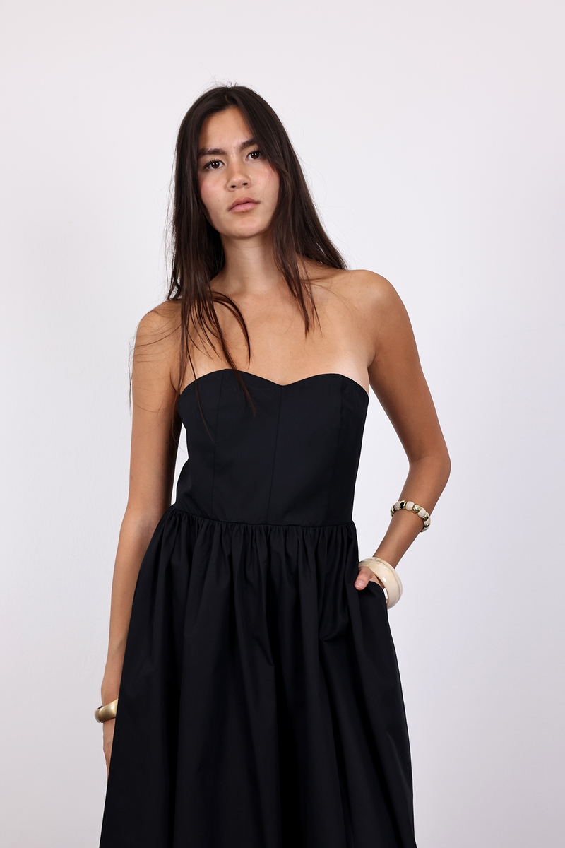 Siyah Straplez Poplin Midi Elbise 12463