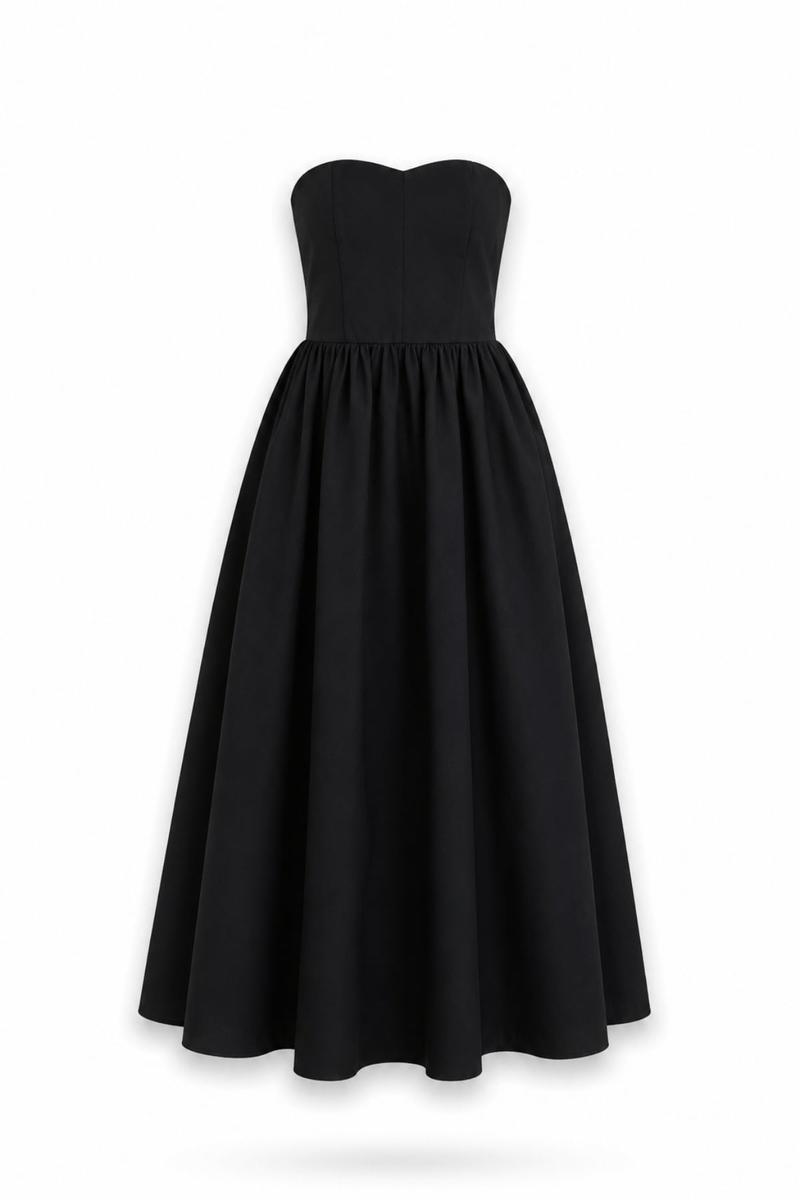 Siyah Straplez Poplin Midi Elbise 12463