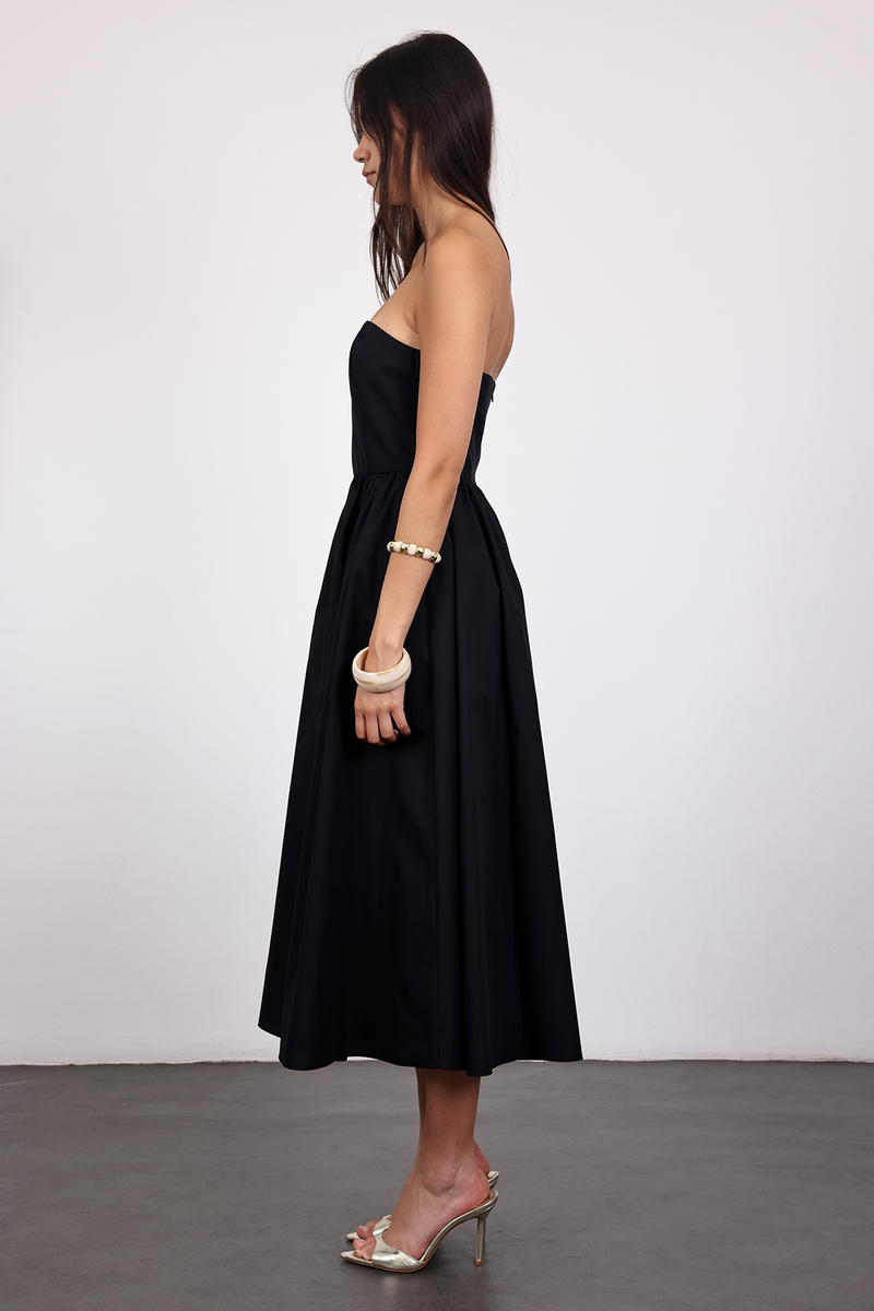 Siyah Straplez Poplin Midi Elbise 12463