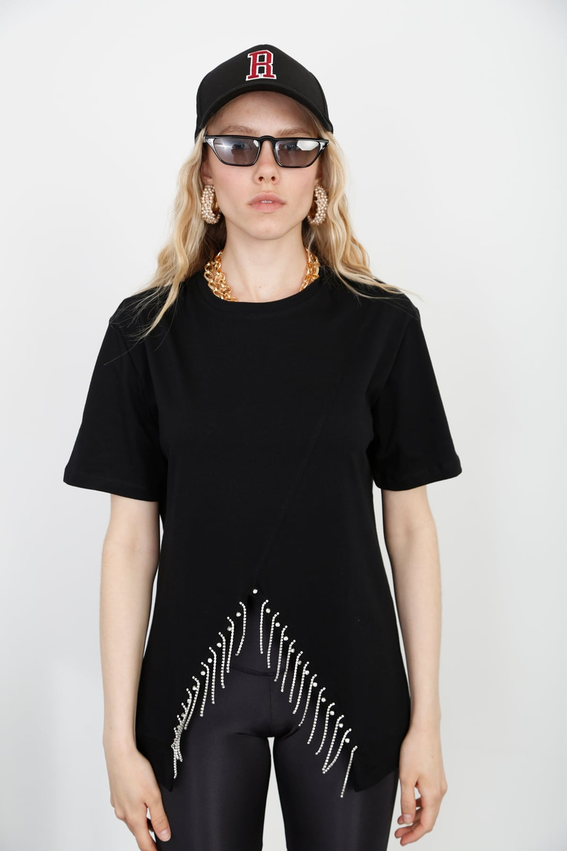 Siyah Taşlı Asimetrik Tshirt 210077