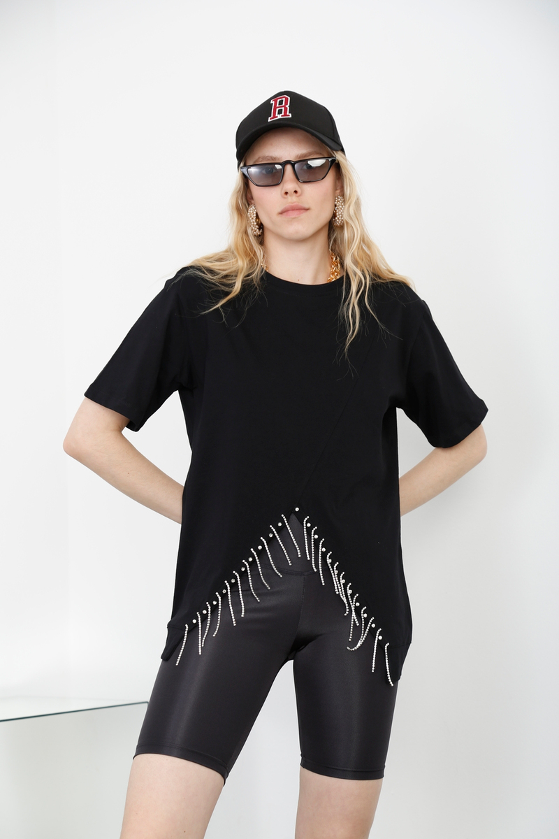 Siyah Taşlı Asimetrik Tshirt 210077