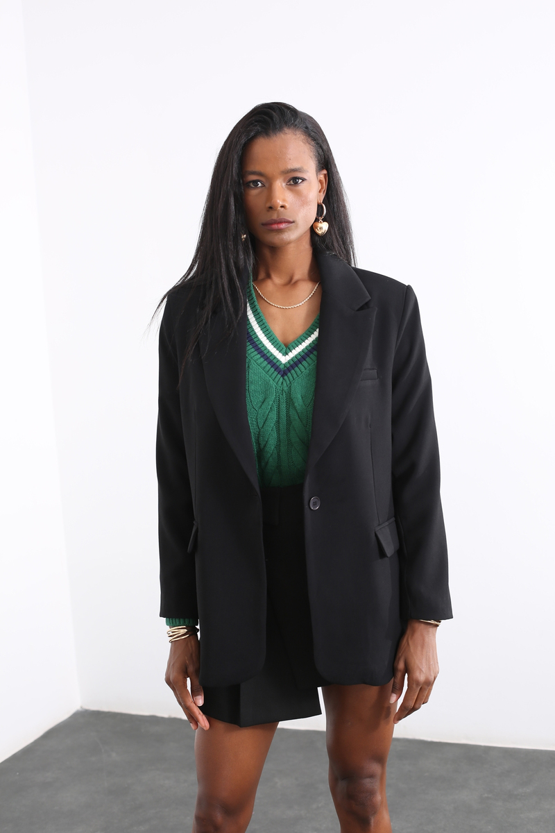 Siyah Tek Düğmeli Blazer Ceket 7039