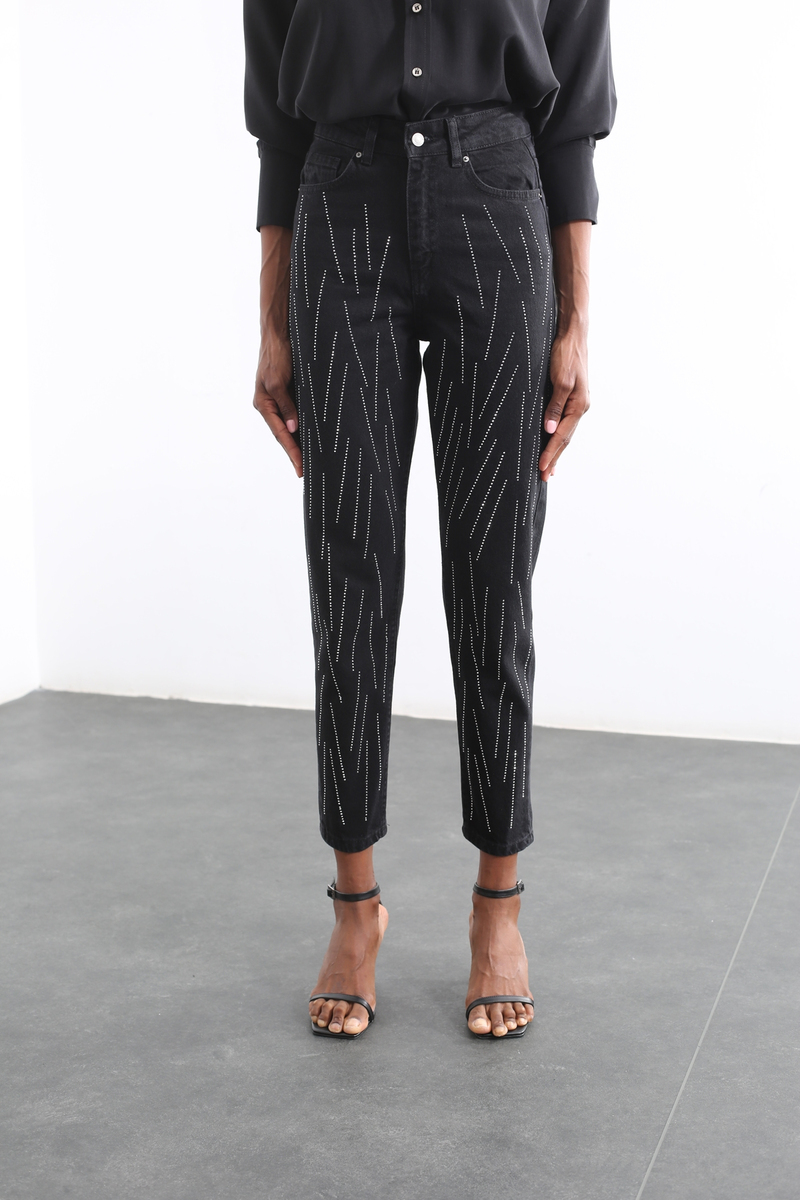 Siyah Ultra Yüksek Bel Taşlı Mom Jean 1084