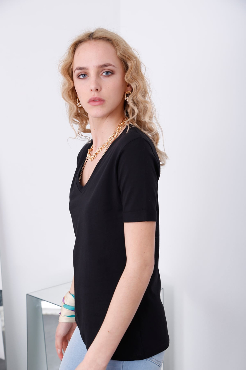 Siyah V Yaka Duble Kol Tshirt 80390