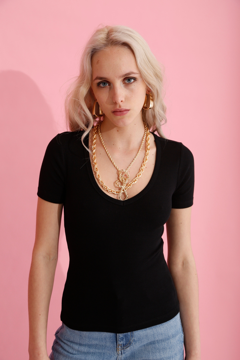 Siyah V Yaka Fitilli Tshirt 4159
