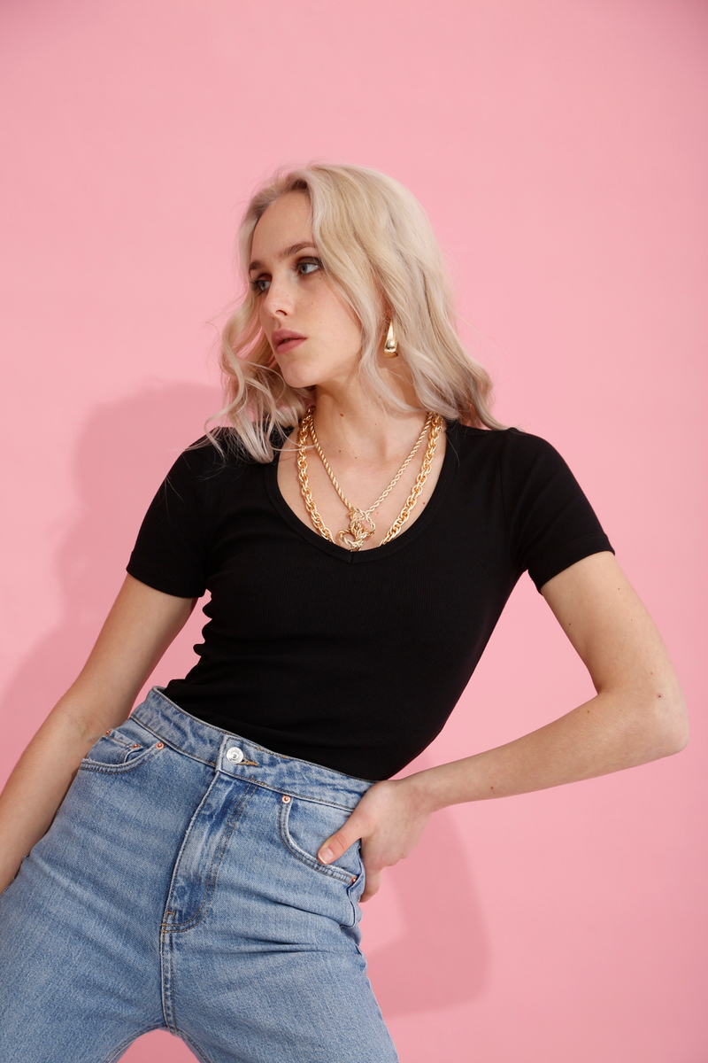 Siyah V Yaka Fitilli Tshirt 4159