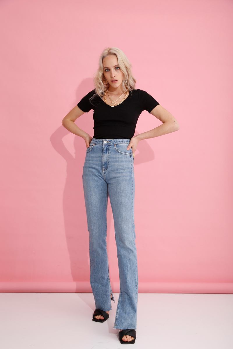 Siyah V Yaka Fitilli Tshirt 4159