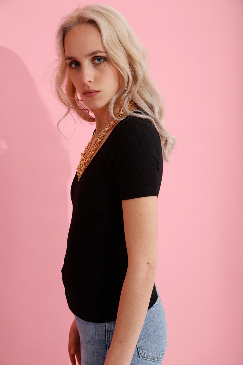 Siyah V Yaka Fitilli Tshirt 4159