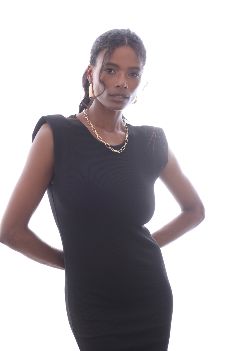 Siyah Vatkalı Kolsuz Elbise 3723
