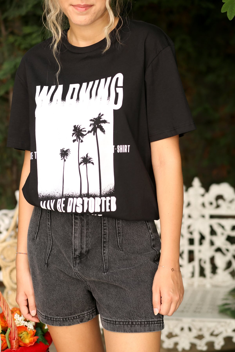 Siyah Warning Baskılı Tshirt 3145