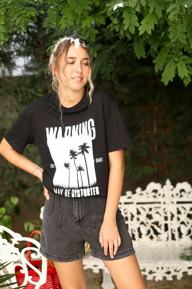 Siyah Warning Baskılı Tshirt 3145
