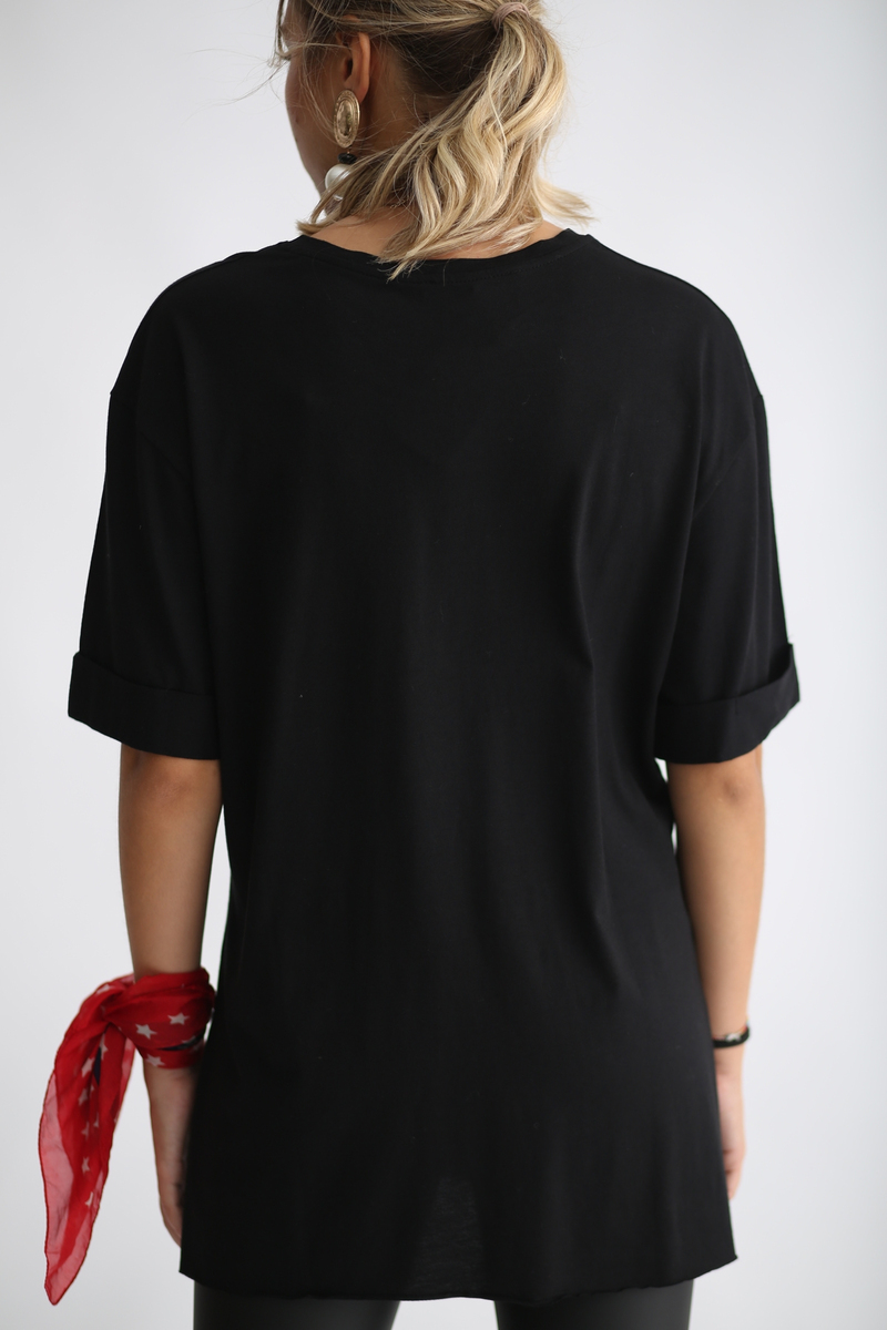 Siyah Yırtmaçlı Duble Kol Tshirt 3158