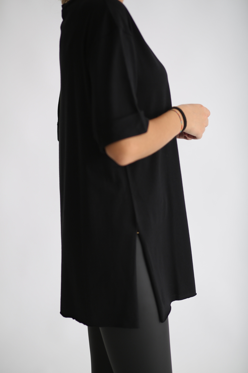 Siyah Yırtmaçlı Duble Kol Tshirt 3158