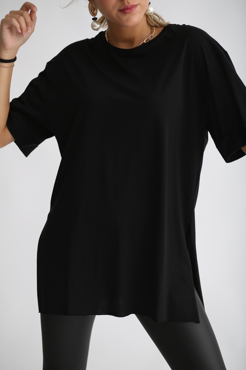 Siyah Yırtmaçlı Duble Kol Tshirt 3158