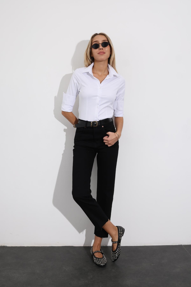 Siyah Yüksek Bel Kesik Paça Jean 483