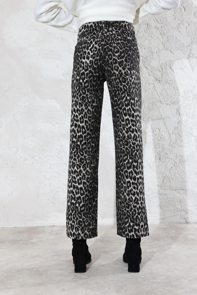 Siyah Yüksek Bel Leopar Desen Straight Jean 