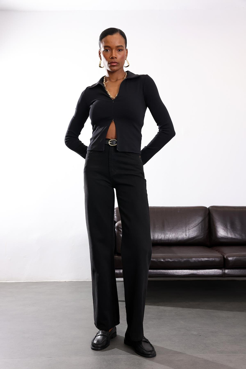 Siyah Yüksek Bel Lyocell Wide Leg Jean 