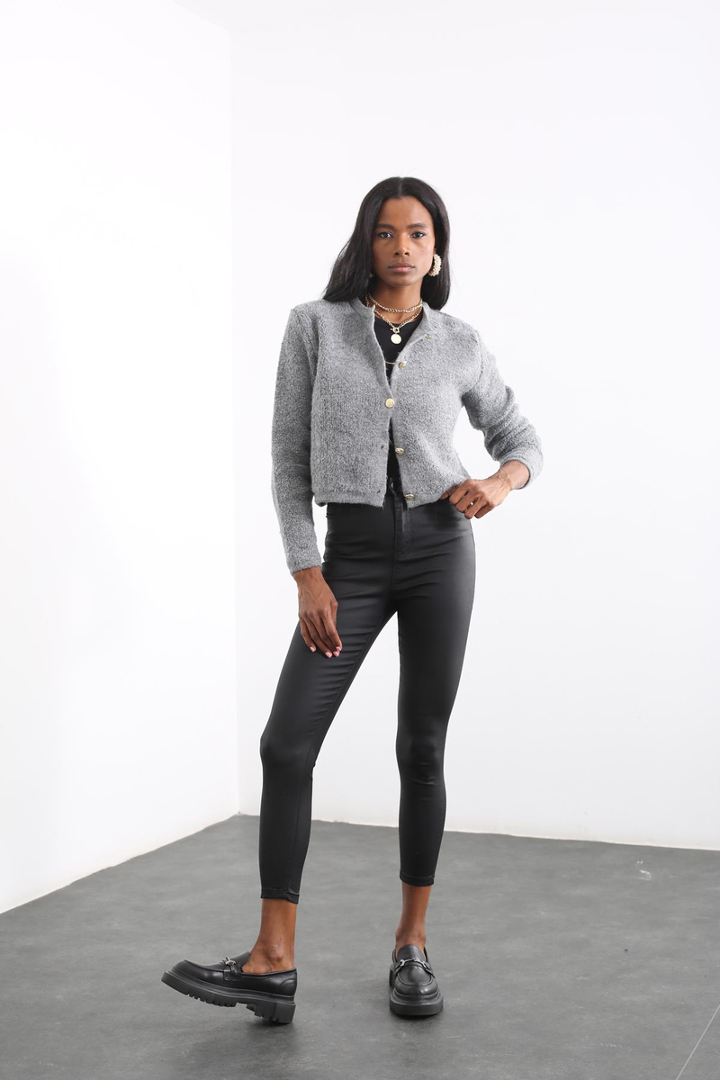 Siyah Yüksek Bel Mumlu Skinny Jean 7038