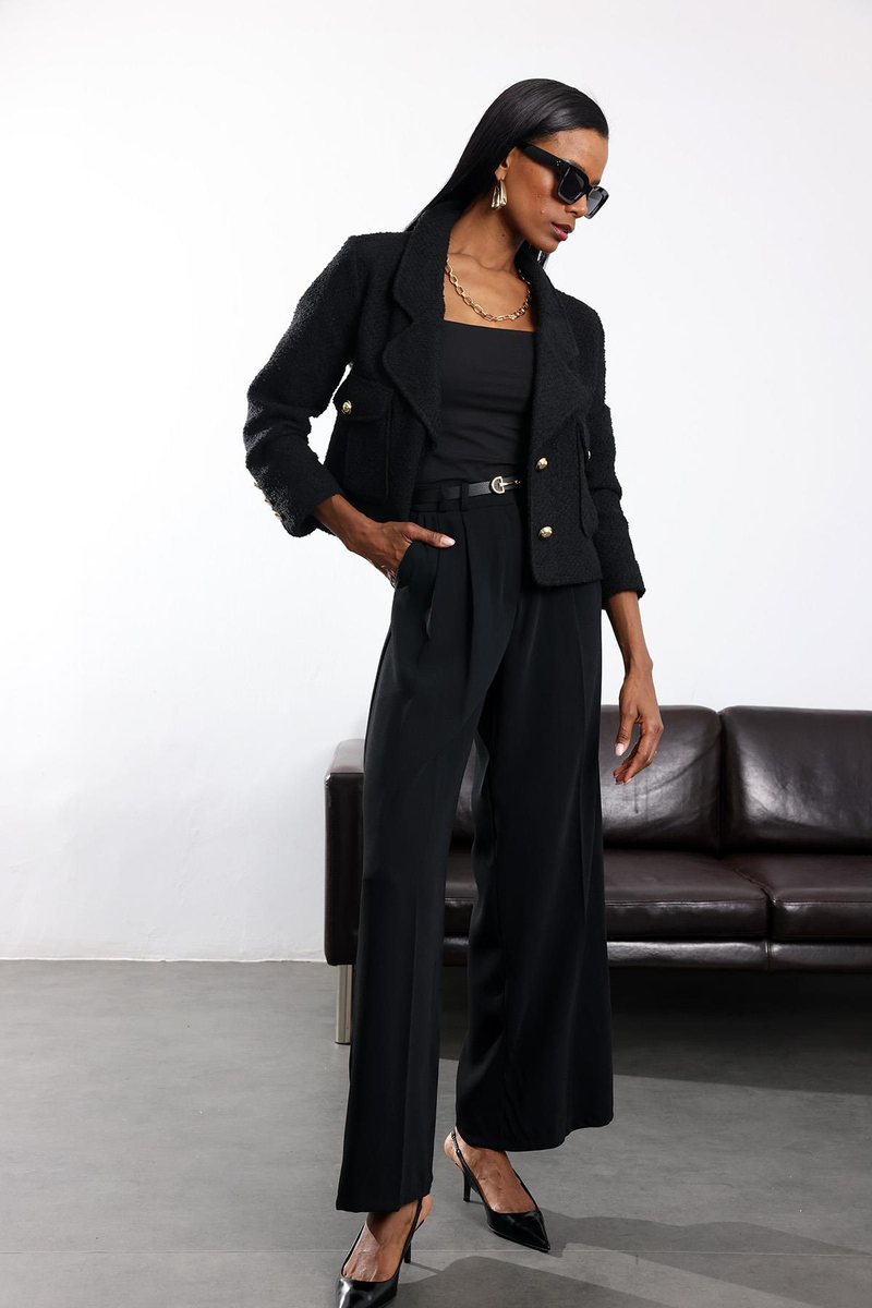 Siyah Yün Karışımlı Tüvit Ceket 03016