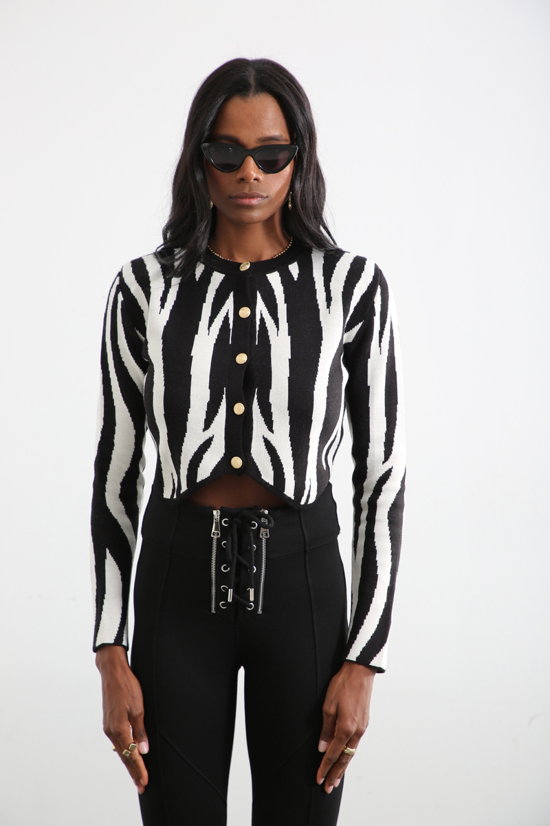 Siyah Zebra Desen Vatkalı Hırka 220143