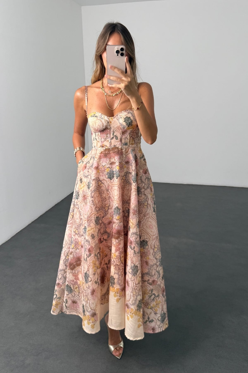 Somon Desenli Maxi Elbise 05225