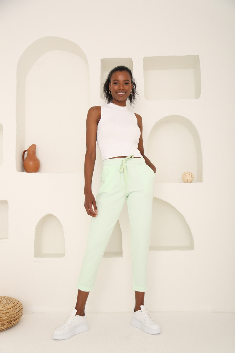 Su Yeşili Beli Lastikli Gabardin Pantolon 00104