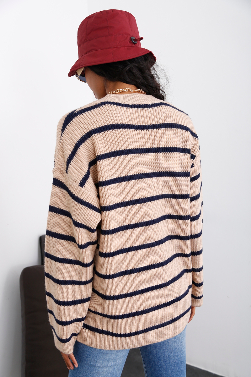 Sütlü Kahve Çizgili Oversize Kazak 13398