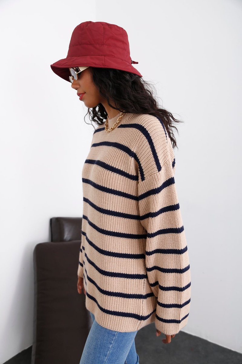 Sütlü Kahve Çizgili Oversize Kazak 13398