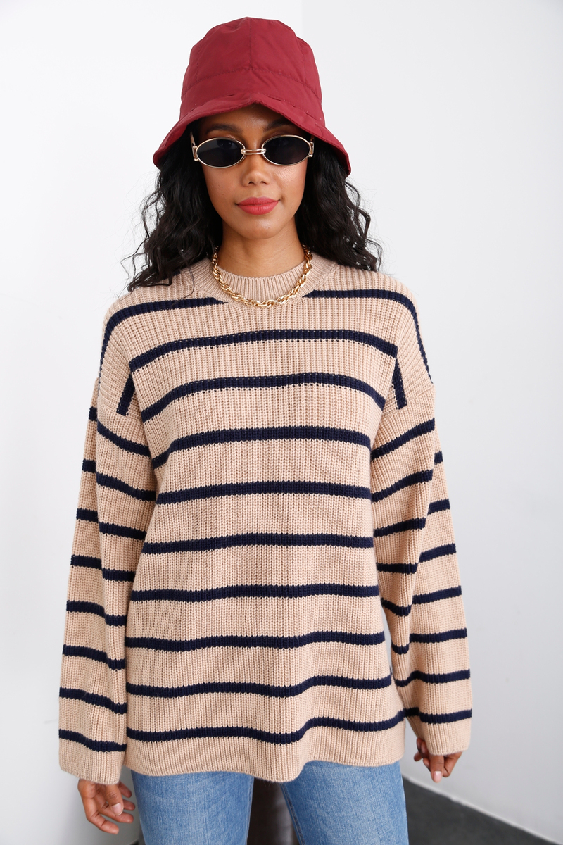 Sütlü Kahve Çizgili Oversize Kazak 13398