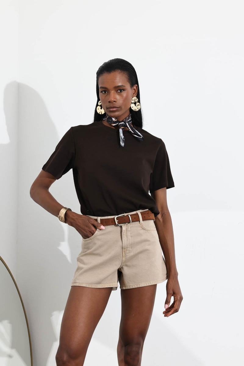 Sütlü Kahve Yüksek Bel Denim Şort 