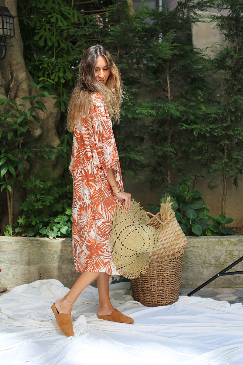 Tarçın Yaprak Desenli Kimono