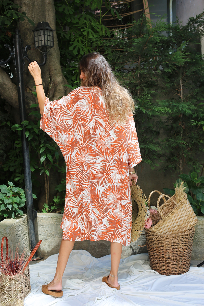 Tarçın Yaprak Desenli Kimono