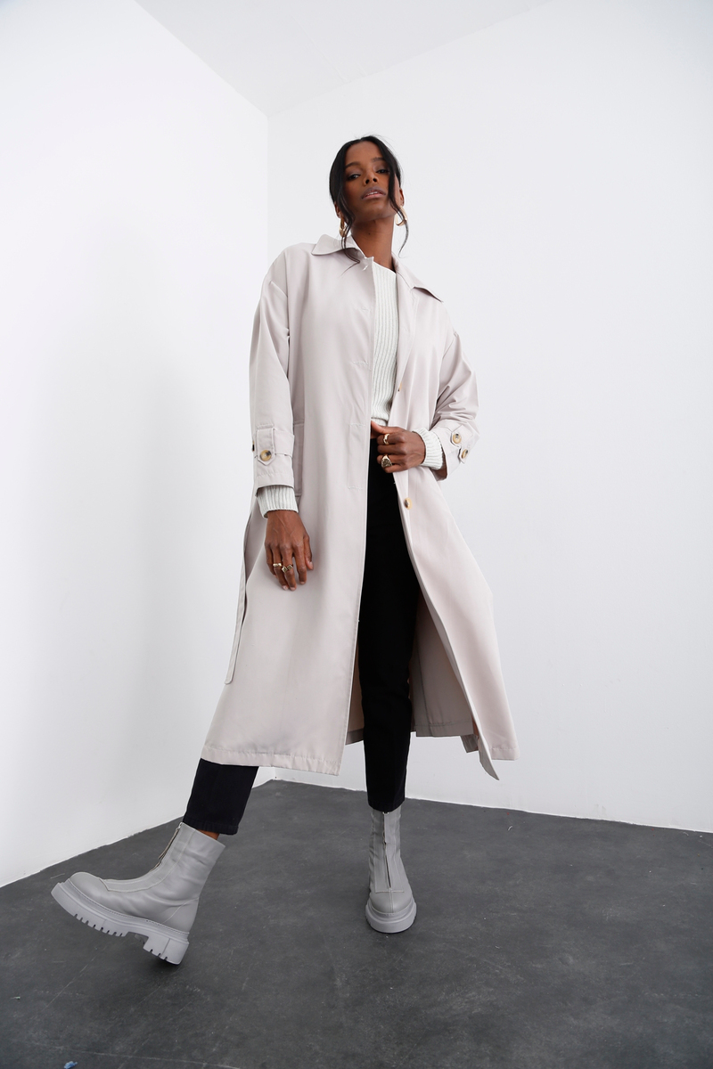 Taş Kendinden Kemerli Trenchcoat 16021