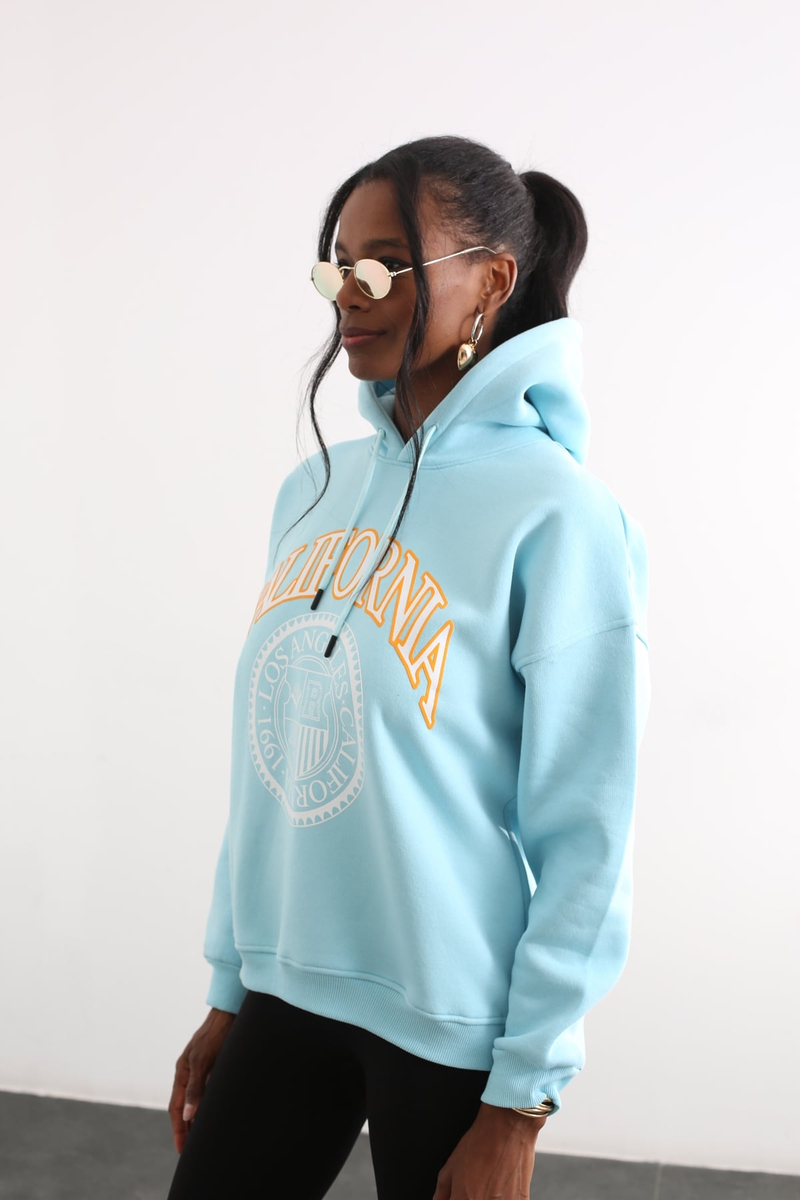 Turkuaz California Baskılı Kapüşonlu Sweatshirt 13668