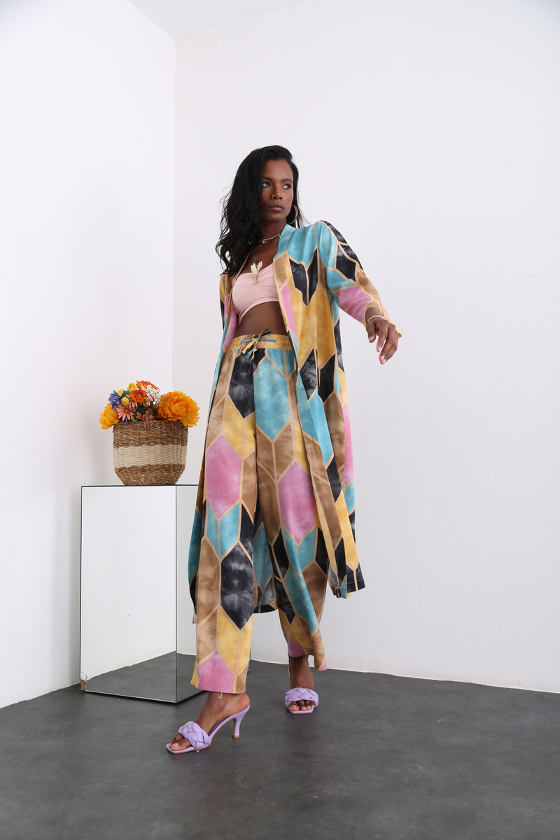 Turkuaz Desenli Kimono Takım 96067