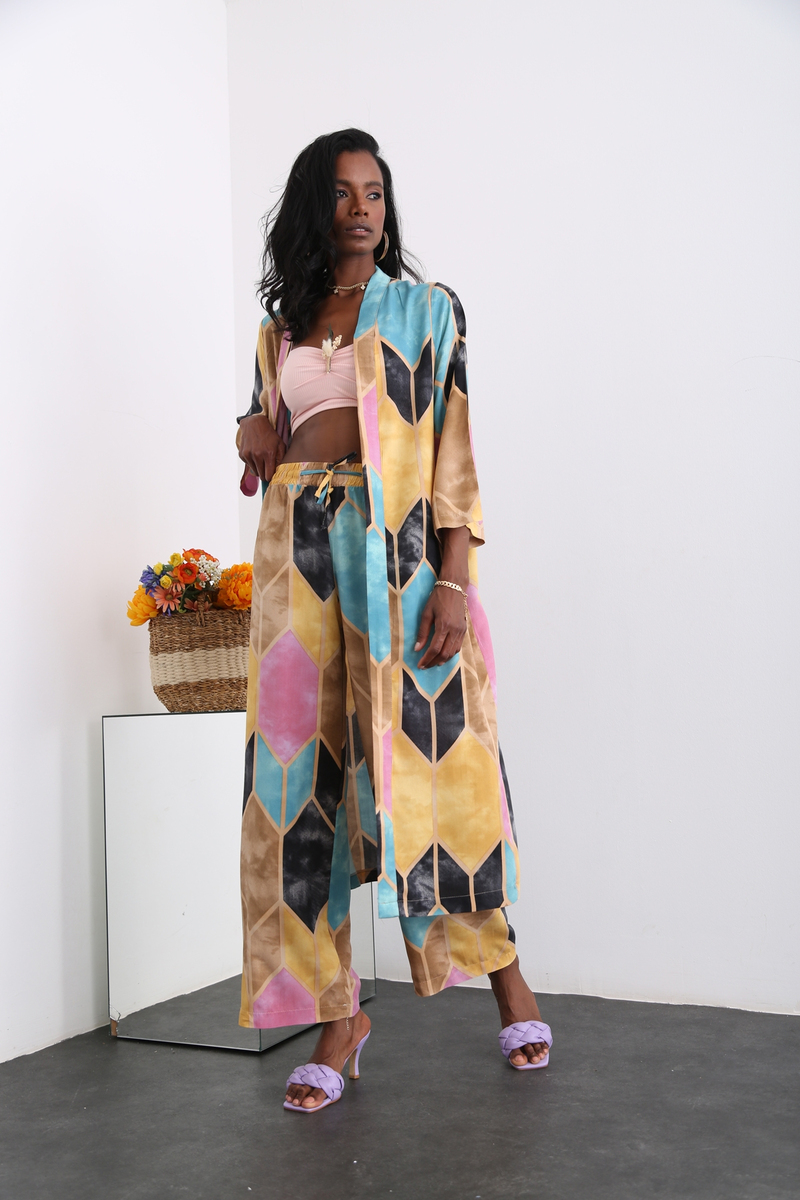 Turkuaz Desenli Kimono Takım 96067