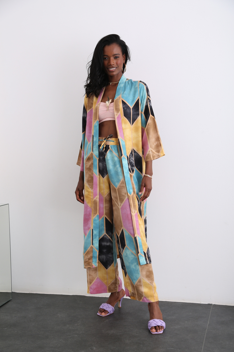 Turkuaz Desenli Kimono Takım 96067