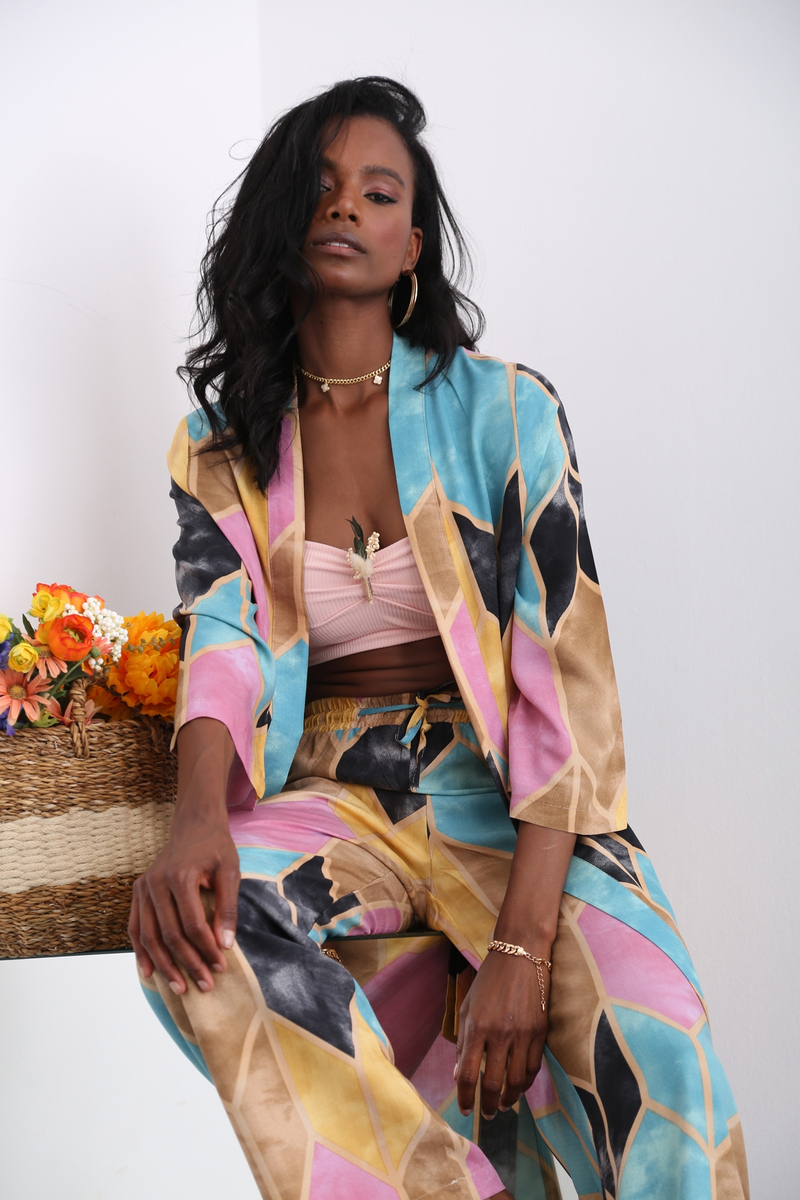 Turkuaz Desenli Kimono Takım 96067
