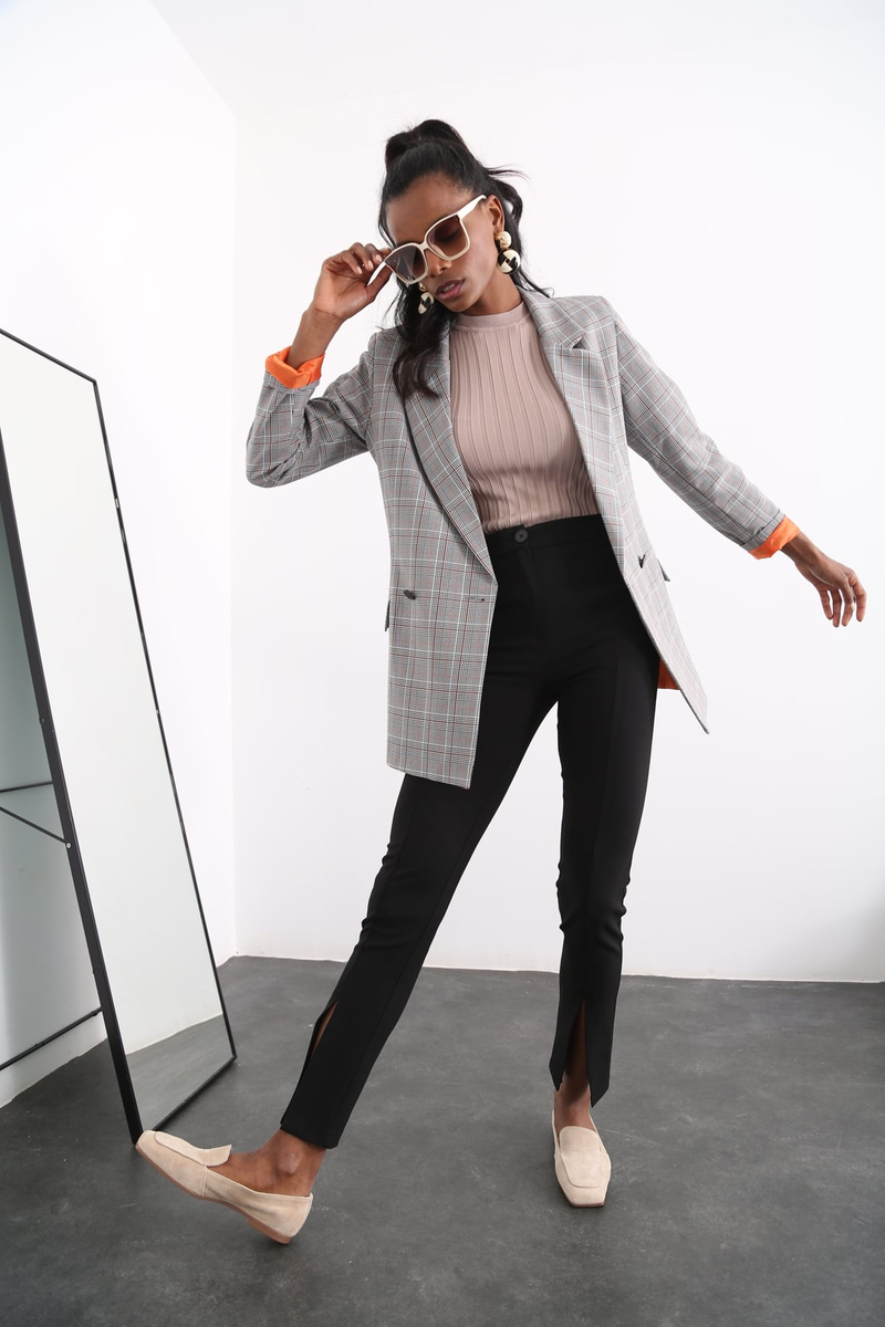 Turuncu Ekose Blazer Ceket 3138-05