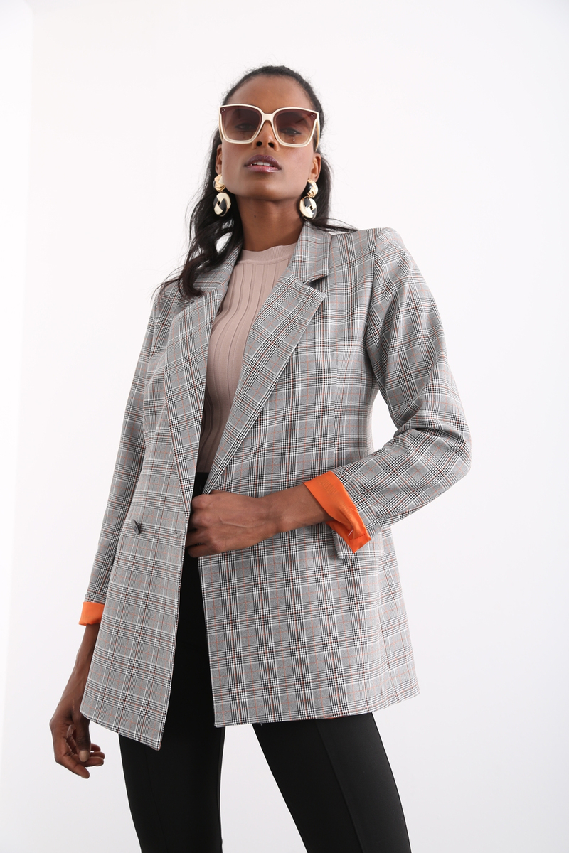 Turuncu Ekose Blazer Ceket 3138-05
